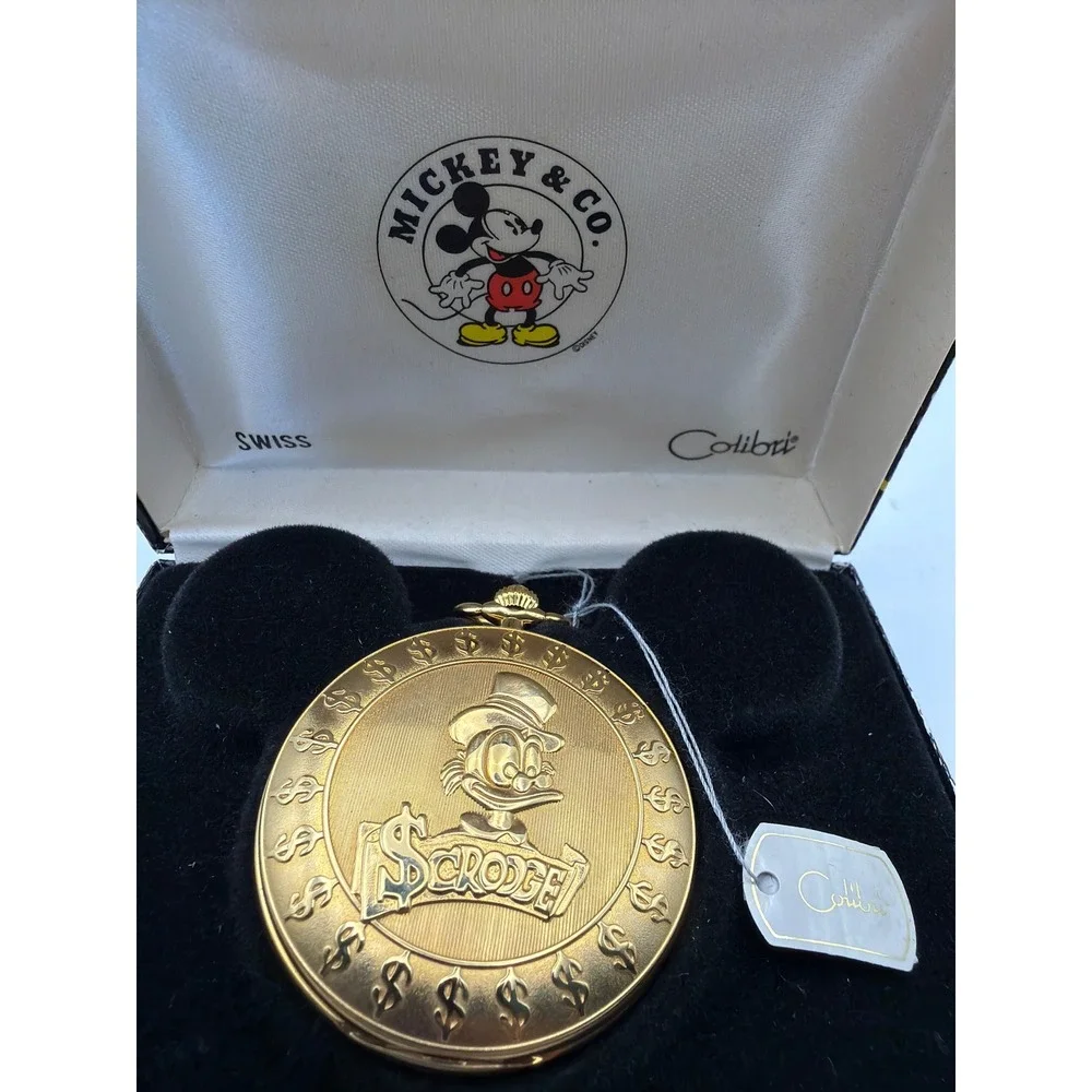 Disney Mickey & Co Colibri Scrooge McDuck Pocket Watch Gold Tone Time Is Money